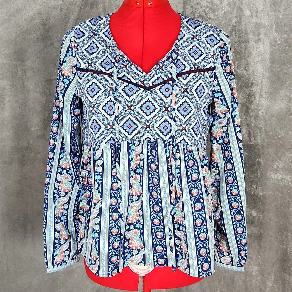 Red Camel Boho Peasant Blouse XS Blue Floral Geometric Tie Neck Long Sleeve Top